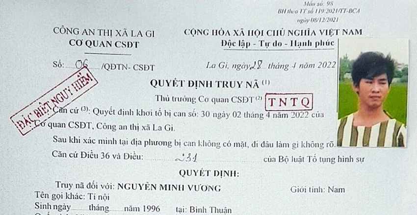 Quyết định truy nã Nguyễn Minh Vương của Công an thị xã La Gi. Quyết định truy nã Nguyễn Minh Vương của Công an thị xã La Gi.