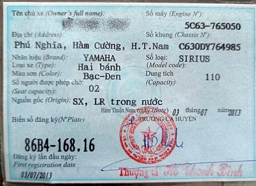 Giấy đăng ký xe, gia đình cung cấp.