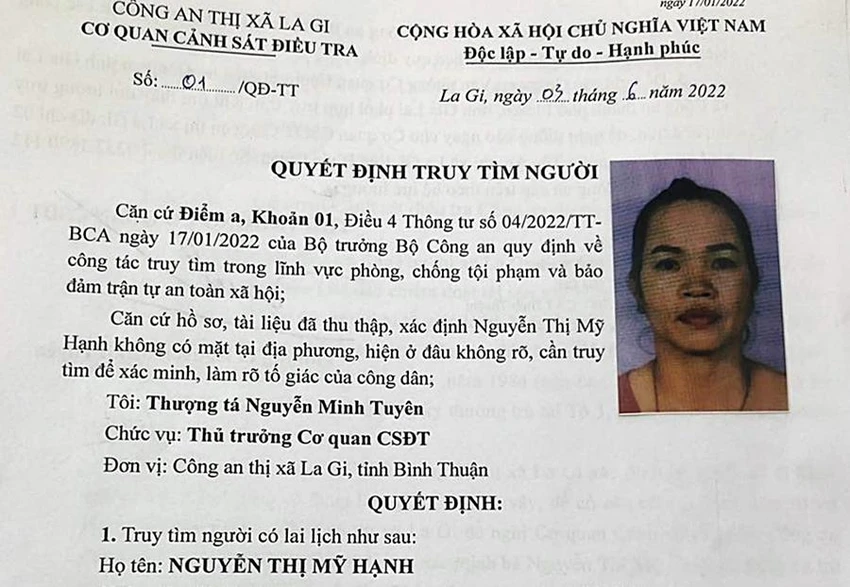 Quyết định truy tìm của Công an thị xã La Gi.