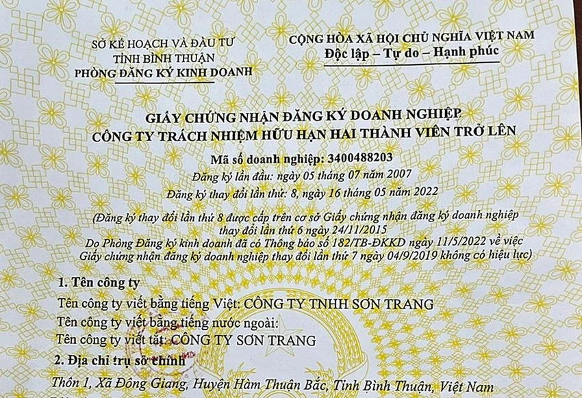 Giấy chứng nhận đầu tư cấp lần 8 vẫn không có tên người góp vốn nhiều nhất.