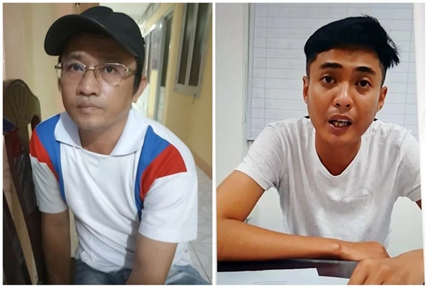Cẩn Minh Phú và Trần Vũ Duy tại cơ quan điều tra. Ảnh PĐ.