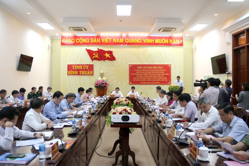 Trưởng Ban Nội chính Trung ương làm việc với tỉnh Bình Thuận về phòng chống tham nhũng, tiêu cực. Ảnh: NT Trưởng Ban Nội chính Trung ương làm việc với tỉnh Bình Thuận về phòng chống tham nhũng, tiêu cực. Ảnh: NT