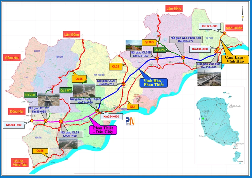 Toàn cảnh 2 tuyến cao tốc Vĩnh Hảo - Phan Thiết và Phan Thiết - Dầu Giây qua địa bàn Bình Thuận. Ảnh: PN.