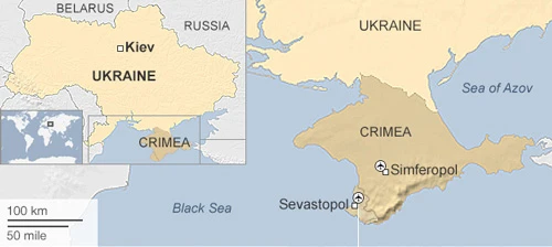 Vị trí nước cộng hòa tự trị Crimea trên bản đồ Ukraine. Đồ họa: BBC. crimea-map-2355-1393901412.jpg