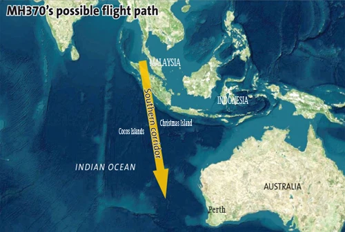 Hành lang bay phía nam mà MH370 có thể đã bay qua, hướng về nam Ấn Độ Dương, tây Australia. Đồ họa:The Star