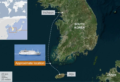 Bản đồ thể hiện địa điểm phà Sewol gặp nạn. Đồ họa: BBC Bản đồ thể hiện địa điểm phà Sewol gặp nạn. Đồ họa: BBC.