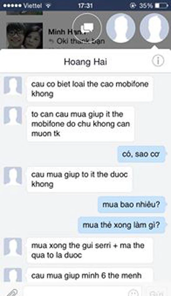Không ít người dùng Facebook đã nhận được những tin nhắn giả danh người thân để nhờ mua mã thẻ kiểu này. Không ít người dùng Facebook đã nhận được những tin nhắn giả danh người thân để nhờ mua mã thẻ kiểu này.