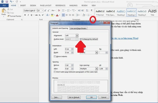 Hướng dẫn học Word 2013: Để đặt cho các đoạn nhỏ mặc định thu gọn vào tiêu đề phụ khi mở văn bản, bạn cần đặt con trỏ vào tiêu đề mong muốn rồi nhấn mở bảng điều khiển Paragraph Settings (khoanh tròn) trong tab HOME. Trong cửa sổ Paragraph Settings, tích lựa chọn “Collapsed by default” (mũi tên) rồi ấn OK. E2-Huong-dan-hoc-Word-2013-tinh-nang-moi.jpg
