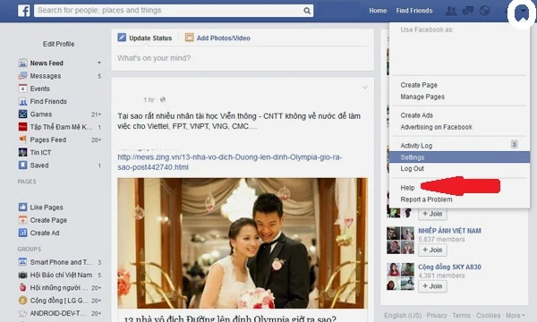 Hướng dẫn đổi tên Facebook: Trên trang Facebook cá nhân của bạn, hãy nhấn vào biểu tượng tam giác ngược phía trên cùng bên phải (khoanh tròn) rồi chọn Help (mũi tên). B0-Huong-dan-doi-ten-Facebook.jpg