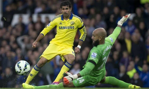 Costa (áo vàng) là họng pháo lợi hại giúp Chelsea bắn hạ tất cả những đối thủ họ đã gặp trong ba vòng đầu tiên. Ảnh: AP. Costa-2-2895-1410572529.jpg
