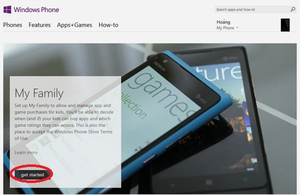 Quản lý con cái tải ứng dụng bằng tài khoản Microsoft: Nhấn nút “get started” sau khi đã đọc qua giới thiệu về cơ chế gia đình My Family. A3-Windows-Phone-Quan-ly-con-cai-tai-ung-dung-bang-tai-khoan-Microsoft.jpg