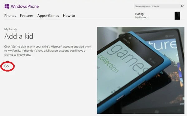 Quản lý con cái tải ứng dụng bằng tài khoản Microsoft: Nhấn Go để thêm luôn tài khoản Microsoft của con bạn. A4,5-Windows-Phone-Quan-ly-con-cai-tai-ung-dung-bang-tai-khoan-Microsoft.jpg