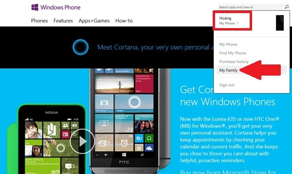 Quản lý con cái tải ứng dụng bằng tài khoản Microsoft: Sau khi đăng nhập, lại bấm vào My Phone và lần này chọn My Family (mũi tên). A2-Windows-Phone-Quan-ly-con-cai-tai-ung-dung-bang-tai-khoan-Microsoft.jpg