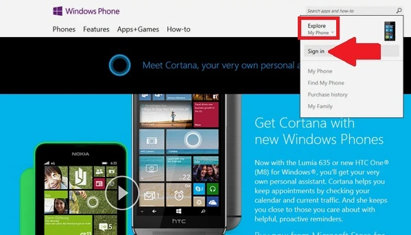 Quản lý con cái tải ứng dụng bằng tài khoản Microsoft: Lên trang windowsphone.com, bấm vào My Phone và chọn “Sign in”(mũi tên) để đăng nhập bằng tài khoản Microsoft của bạn. A1-Windows-Phone-Quan-ly-con-cai-tai-ung-dung-bang-tai-khoan-Microsoft.jpg