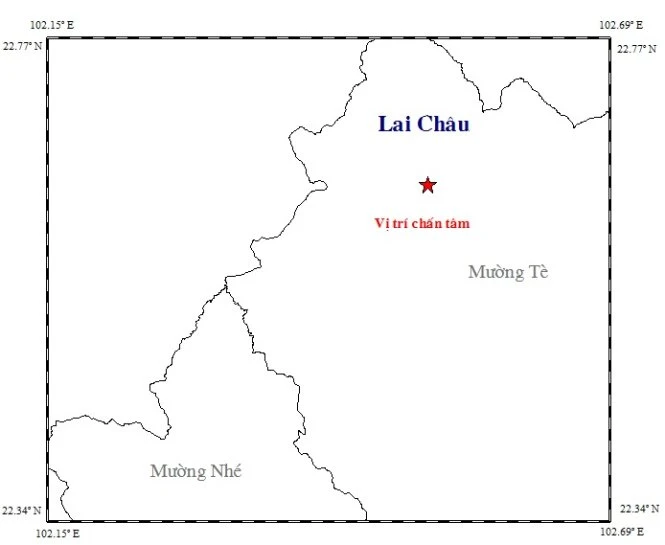 Vị trí xảy ra động đất tại Mường Tè, Lai Châu ngày 2-1 - Ảnh: Trung tâm Báo tin động đất và cảnh báo sóng thần Vị trí xảy ra động đất tại Mường Tè, Lai Châu ngày 2-1 - Ảnh: Trung tâm Báo tin động đất và cảnh báo sóng thần
