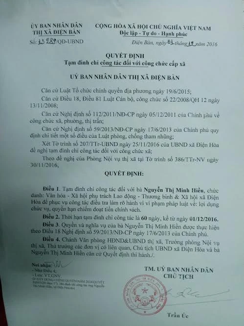 Tạm đình chỉ nữ cán bộ chiếm đoạt tiền chính sách ảnh 1 Tạm đình chỉ nữ cán bộ chiếm đoạt tiền chính sách ảnh 1