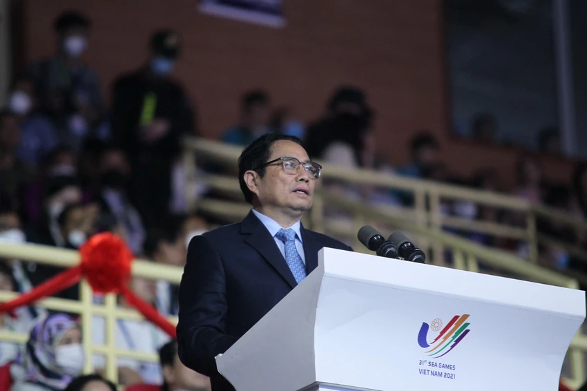 Thủ tướng Phạm Minh Chính phát biểu và tuyên bố bế mạc SEA Games 31. ẢNH: ANH PHƯƠNG