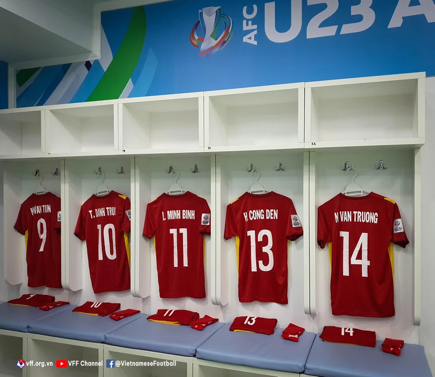Phòng thay đồ của U-23 Việt Nam trướ trận đấu. ẢNH: VFF Phòng thay đồ của U-23 Việt Nam trướ trận đấu. ẢNH: VFF
