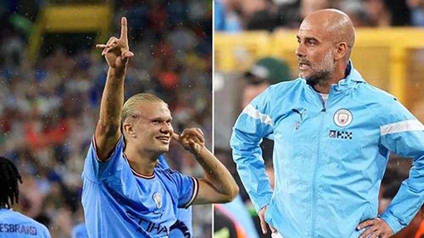 Pep Guardiola rất vui khi Man City có được sự phục vụ của những cầu thủ chất lượng như Erling Haaland. ẢNH: MIRROR