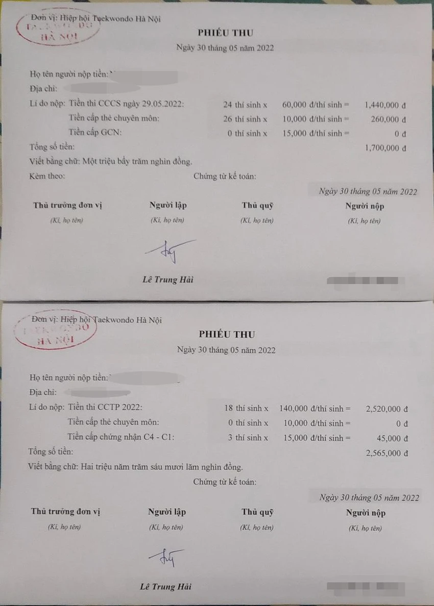Phiếu thu tiền mà Hiệp hội Taekwondo Hà Nội thu từ Câu lạc bộ thành viên. Ảnh bạn đọc cung cấp Phiếu thu tiền mà Hiệp hội Taekwondo Hà Nội thu từ Câu lạc bộ thành viên. Ảnh bạn đọc cung cấp