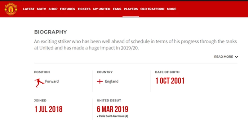 Hồ sơ của Greenwood vẫn còn lưu trên website Man Utd. ẢNH: MIRROR