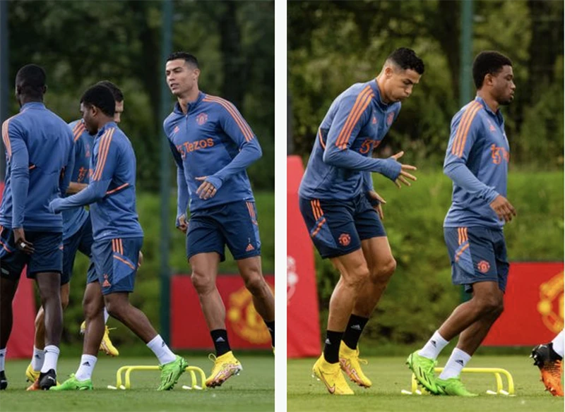 Ronaldo tập luyện rất hăng say và thường xuyên ghi bàn trong những buổi tập gần đây. ẢNH: MIRROR Ronaldo tập luyện rất hăng say và thường xuyên ghi bàn trong những buổi tập gần đây. ẢNH: MIRROR