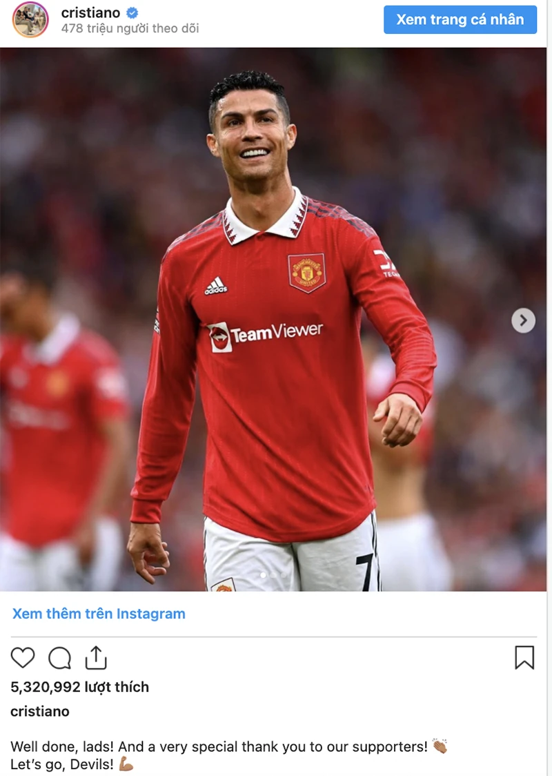 Thông điệp của Ronaldo gửi các đồng đội tại MU trên mạng xã hội Instagram. Thông điệp của Ronaldo gửi các đồng đội tại MU trên mạng xã hội Instagram.