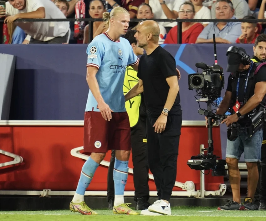 Hầu như sau trận đấu nào Pep Guardiola cũng phải khen ngợi Haaland. ẢNH: GETTY Hầu như sau trận đấu nào Pep Guardiola cũng phải khen ngợi Haaland. ẢNH: GETTY