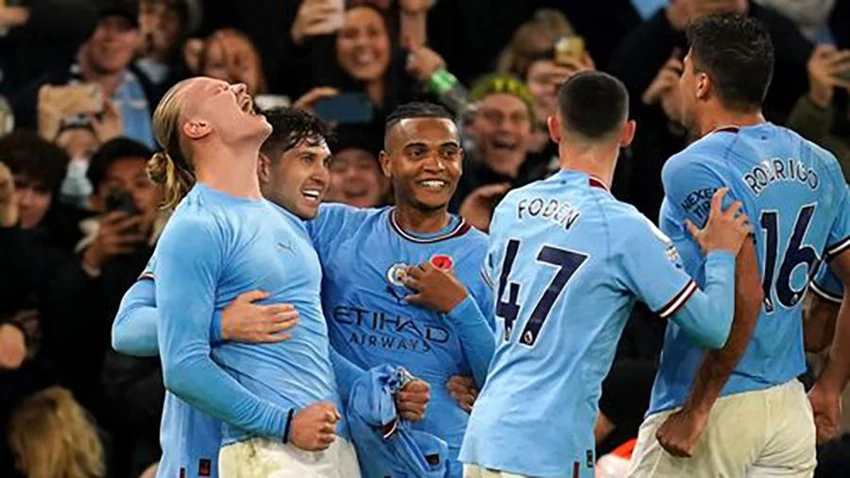 Haaland hét lớn đầy phấn khích khi ghi bàn quyết định cho Man City. ẢNH: GETTY