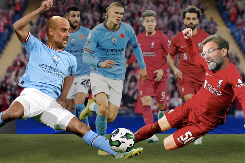 Pep Guardiola nói đùa muốn xỏ giày ra sân đấu với Klopp. ẢNH: SUN SPORTS Klopp xỏ giày ra sân đối đầu Guardiola