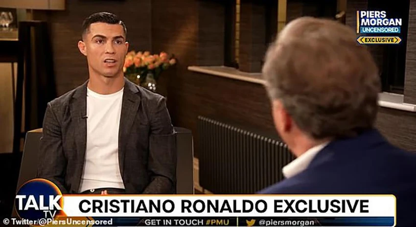 Cuộc phỏng vấn của Ronaldo với Morgan trên kênh TalkTV trước thềm World Cup gây chấn động làng bóng đá thế giới. ẢNH: TWITTER Ronaldo phỏng vấn với Morgan
