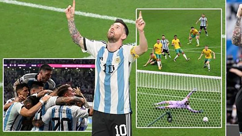 Messi ghi bàn mở ra chiến thắng của Argentina trước Úc tại vòng 1/8 World Cup 2022. ẢNH: MIRROR