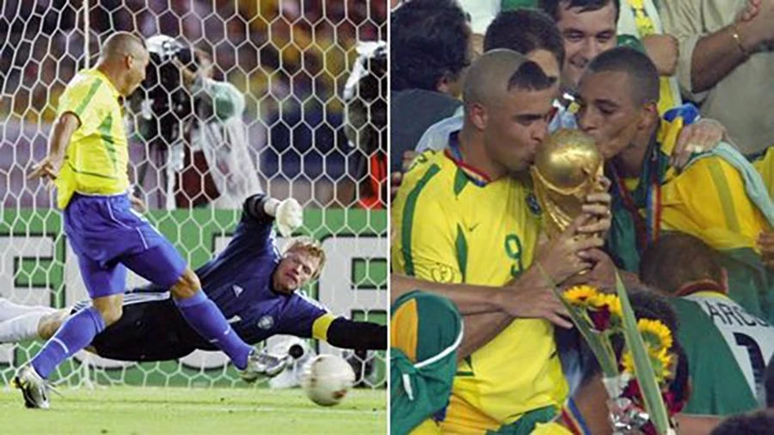Ronaldo ghi cả hai bàn trong trận chung kết World Cup 2002 giúp Brazil thắng Đức 2-0 và anh là vua phá lưới giải đấu năm đó với 8 bàn thắng. ẢNH: MIRROR Ronaldo ghi cả hai bàn trong trận chung kết World Cup 2002 giúp Brazil thắng Đức 2-0 và anh là vua phá lưới giải đấu năm đó với 8 bàn thắng. ẢNH: MIRROR