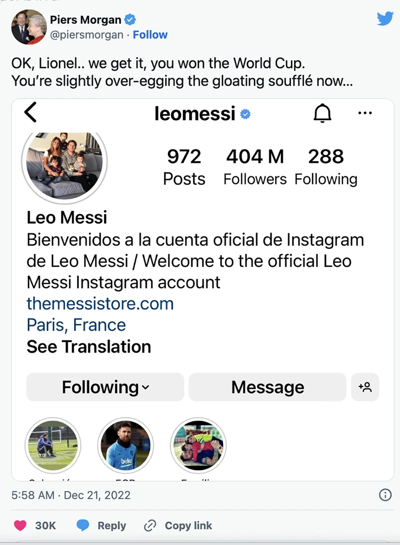 Morgan tung ra nhiều đoạn tweet chỉ trích Messi. ẢNH: TWITTER MORGAN Morgan tung ra nhiều đoạn tweet chỉ trích Messi. ẢNH: TWITTER MORGAN