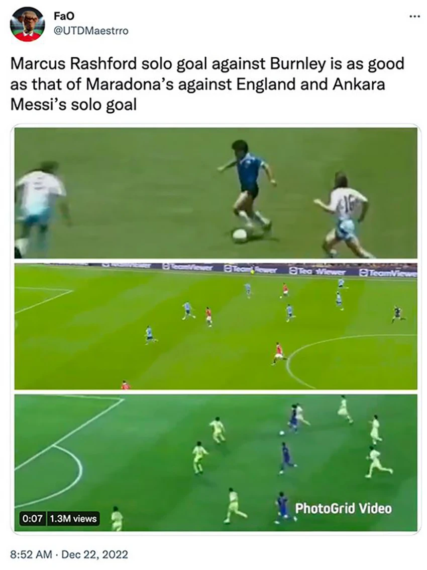 Một fan hứng trọn 'gạch đá' vì so sánh bàn thắng của Rashford giống với pha lập công của Messi và Maradona. ẢNH: TWITTER