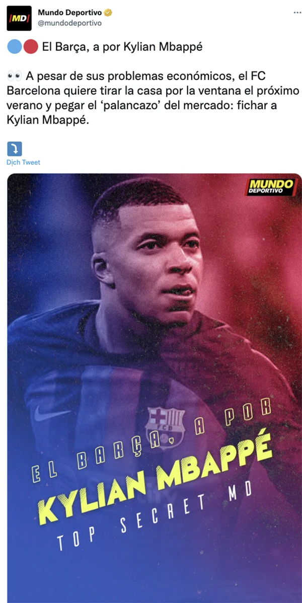 Tờ Mundo Deportivo tạo nên trò đùa trong ngày Cá tháng tư của Tây Ban Nha. ẢNH: TWITTER Tờ Mundo Deportivo tạo nên trò đùa trong ngày Cá tháng tư của Tây Ban Nha. ẢNH: TWITTER