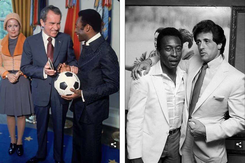 Pele gặp Tổng thống Richard Nixon (trái) vào năm 1974 và ngôi sao Hollywood Sylvester Stallone (phải). ẢNH: GETTY Pele gặp Tổng thống Richard Nixon (trái) vào năm 1974 và ngôi sao Hollywood Sylvester Stallone (phải). ẢNH: GETTY