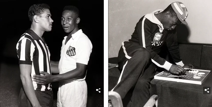 Pele với Garrincha, cầu thủ được cho là vĩ đại chỉ sau Pele ở Brazil vào năm 1959 (trái) và Pele chơi board game (phải). Pele với Garrincha, cầu thủ được cho là vĩ đại chỉ sau Pele ở Brazil vào năm 1959 (trái) và Pele chơi board game (phải).
