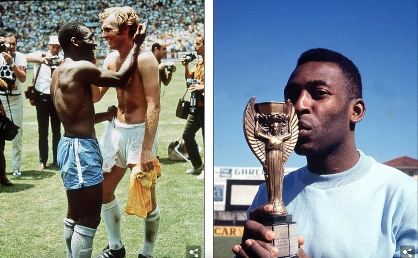 Pele ôm đội trưởng đội tuyển Anh Bobby Moore sau trận đấu, nó thể hiện sự ngưỡng mộ, tôn trọng lẫn nhau và tinh thần thể thao tuyệt vời; Pele sau đó một lần nữa chạm tay vào chiếc cúp vàng Jules Rimet Trophy. ẢNH: GETTY Pele ôm đội trưởng đội tuyển Anh Bobby Moore sau trận đấu, nó thể hiện sự ngưỡng mộ, tôn trọng lẫn nhau và tinh thần thể thao tuyệt vời; Pele sau đó một lần nữa chạm tay vào chiếc cúp vàng Jules Rimet Trophy. ẢNH: GETTY
