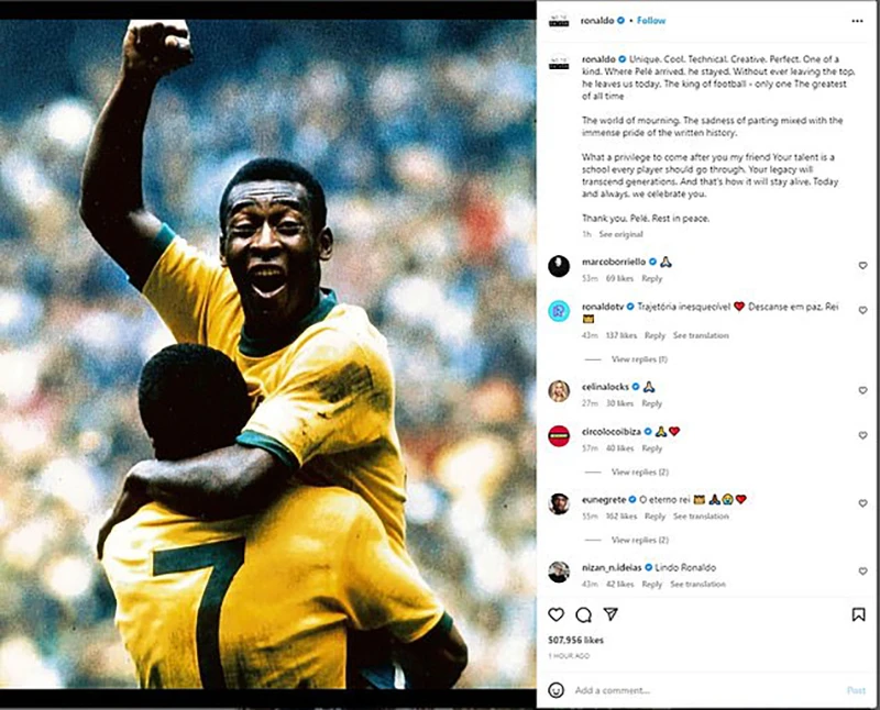 Neymar, Mbappe, Rashford và Ronaldo (người Brazil) ca ngợi vua bóng đá Pele. Neymar, Mbappe, Rashford và Ronaldo (người Brazil) ca ngợi vua bóng đá Pele.