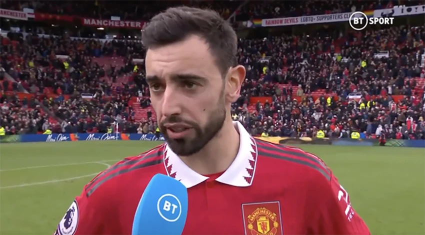 Bruno Fernandes nghĩ MU đang là 1 đội và câu nói đó bị người khác cho là đá xéo Ronaldo. ẢNH: BT SPORTS Bruno Fernandes nghĩ MU đang là 1 đội và câu nói đó bị người khác cho là đá xéo Ronaldo. ẢNH: BT SPORTS