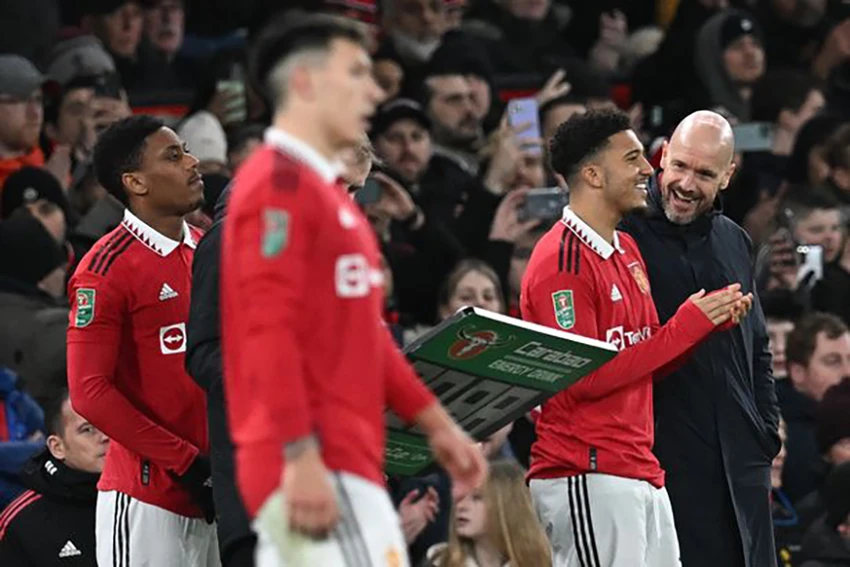 Ten Hag rất vui khi Jadon Sancho đã trở lại thi đấu. ẢNH: GETTY Ten Hag rất vui khi Jadon Sancho đã trở lại thi đấu. ẢNH: GETTY