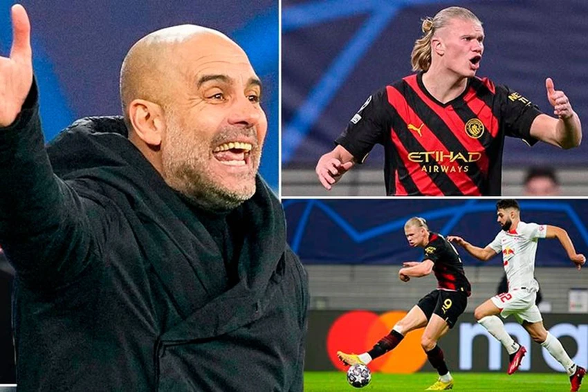 Pep Guardiola nhận lỗi vì không yêu cầu các cầu thủ Man City chuyền bóng nhiều hơn cho Erling Haaland. ẢNH: MIRROR