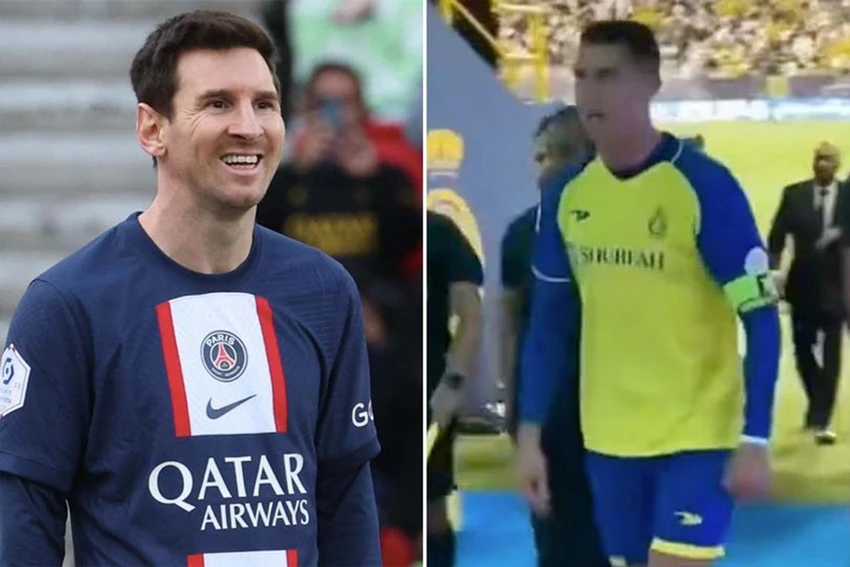Ronaldo phản ứng ngay tức thì khi một cổ động viên nói Messi giỏi hơn anh. ẢNH: MIRROR, GETTY