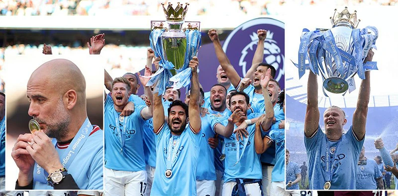 Pep Guardiola, Erling Haaland và Man City ăn mừng chức vô địch Premier League. ẢNH: MIRROR Pep Guardiola, Erling Haaland và Man City ăn mừng chức vô địch Premier League. ẢNH: MIRROR