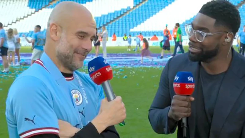 Pep Guardiola phỏng vấn trên Sky Sports. ẢNH: SKY SPORTS Pep Guardiola phỏng vấn trên Sky Sports. ẢNH: SKY SPORTS