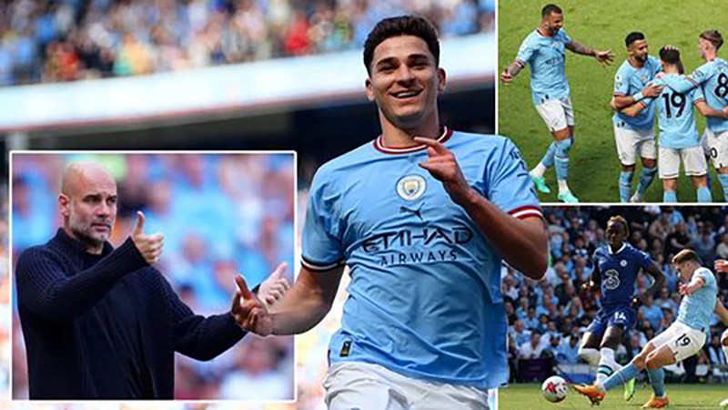 Alvarez ghi bàn duy nhất vào lưới Chelsea giúp ngày đăng quang Premier League của Man City trọn vẹn hơn. ẢNH: MIRROR Alvarez ghi bàn duy nhất vào lưới Chelsea giúp ngày đăng quang Premier League của Man City trọn vẹn hơn. ẢNH: MIRROR