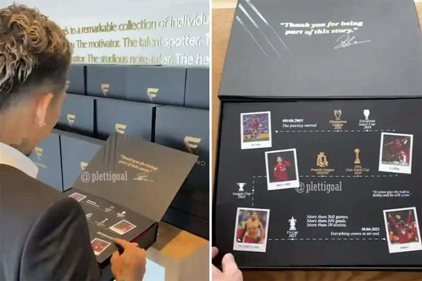 Hộp quà cực chất Firmino gửi tặng các thành viên Liverpool, người thân và bạn bè. ẢNH: SUN SPORTS