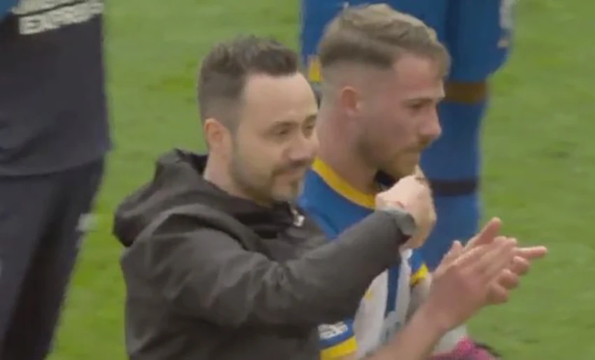Alexis Mac Allister bật khóc trong trận cuối cùng chơi cho Brighton. ẢNH: SKY SPORTS Alexis Mac Allister bật khóc trong trận cuối cùng chơi cho Brighton. ẢNH: SKY SPORTS