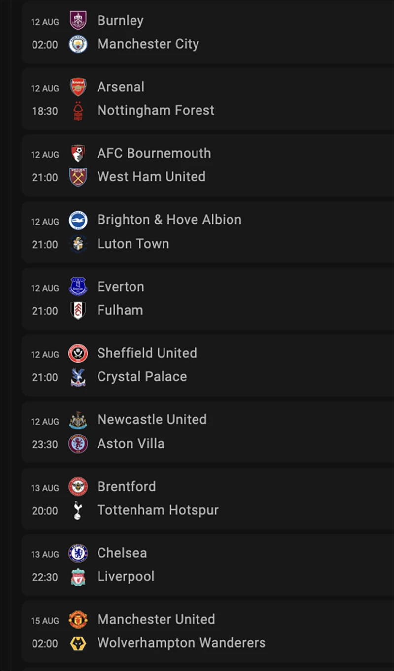 Lịch thi đấu vòng 1 Premier League (giờ Việt Nam). ẢNH: LIVESCORE Lịch thi đấu vòng 1 Premier League (giờ Việt Nam). ẢNH: LIVESCORE
